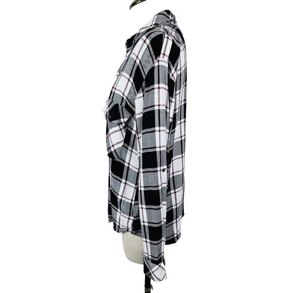 Sanctuary Boyfriend Shirt S Black White Burgundy Plaid Soft Button-Front… - Picture 2 of 8